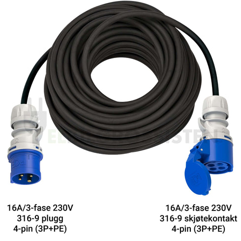 Skjøteledning - CEE - Rundstift - Industrikontakt - 316-9 plugg - 316-9 skjøtekontakt - Elbilgrossisten